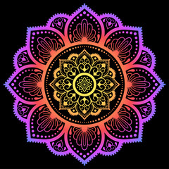 Color circular pattern in form of mandala with flower for decoration or print. Decorative ornament in ethnic oriental style. Rainbow design on black background.