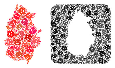 Evil virus map of Lugo Province mosaic designed with rounded square and cut out shape. Vector map of Lugo Province mosaic of evil virus parts in different sizes and color hues.