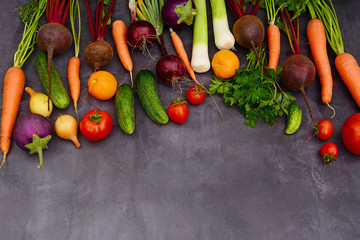 Layout of assorted fresh vegetables on a gray background. Tomatoes, cucumbers, eggplants, onions, carrots and beets are seasonal vegetables from the garden