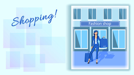 Young woman at a fashion shop window with packages.