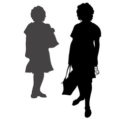 Vector silhouette of an adult women, a woman in two poses, holding a bag in her hand, glasses in the other hand, isolated on a white background, in summer clothes, a customer, a tourist.