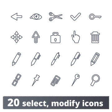 Select, modify, office, document editor, graphic designer tools icons set. Vector collection of linear style symbols for web pages, user interfaces, mobile applications. Isolated on white background.