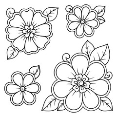 Set of Mehndi flower pattern for Henna drawing and tattoo. Decoration in ethnic oriental, Indian style. Doodle ornament. Outline hand draw vector illustration.