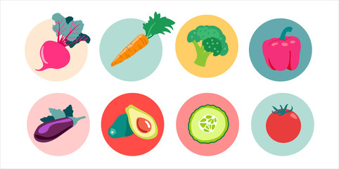 Vegetables set. Avocado, pepper, cucumber, tomato, broccoli, eggplant, carrot, beets. Round sticker, label collections. Trendy vector illustrations for instagram, store website design and print. 
