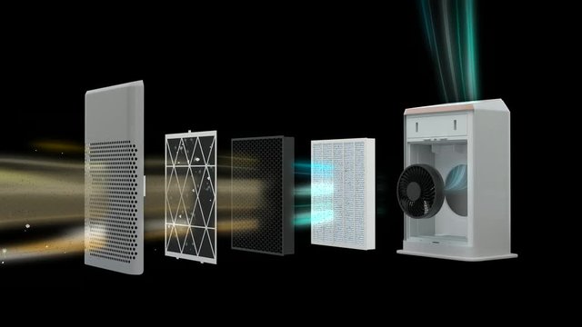 3D rendering of an air cleaner and its parts which are case, prefilter, deodorizing filter,  dust collection filter, fan, motor, and main body, making indoor air fresh steadily.