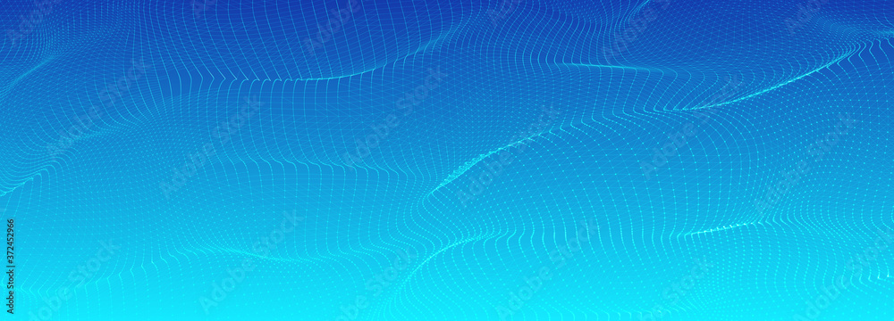 Poster Low poly shape with white dots on blue gradient background. Abstract polygonal blue mesh background . Dynamic particles wave.Big data visualization 3D. Digital landscape.
