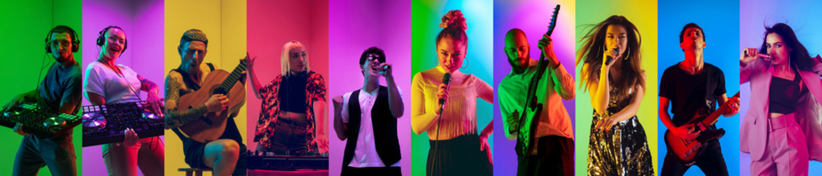 Collage of portraits of 10 young emotional talented musicians on multicolored background in neon light. Concept of human emotions, facial expression, sales. Playing guitar, singing, dancing.