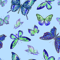 Butterflies seamless pattern in blue tones, watercolor illustration, print for fabric and various designs.