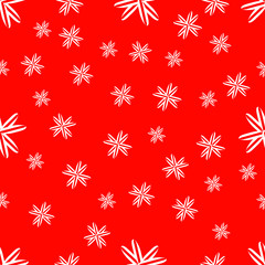 White snowflakes on a red background. Seamless pattern. Christmas theme and time. New year's texture. For Wallpaper, postcards, textiles, and design.