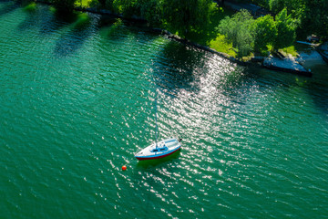 Aerial view from sailboat on the lake. Mondsee, Austria.