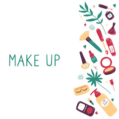 Make up and beauty symbols icon set. Female collection of different products accessoires for skin care and visage. Hand drawn flat vector illustration