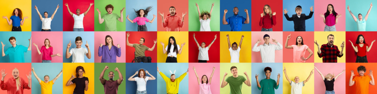 Collage Of Portraits Of 31 Young Emotional People On Multicolored Background. Concept Of Human Emotions, Facial Expression, Sales. Look Winning, Celebrating, Cheering, Crazy Happy And Shocked.