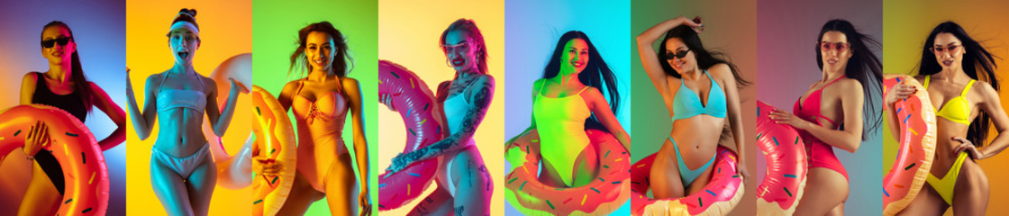Collage of portraits of 7 young beautiful girls on multicolored background in neon light. Concept of human emotions, facial expression, sales. Summer, beach, resort. Copyspace for ad, proposal.