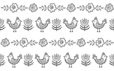 Seamless pattern in Scandinavian folk style. Flowers, birds and other decorative elements in the form of children's drawings for decoration of backgrounds, fabrics, wrapping paper.