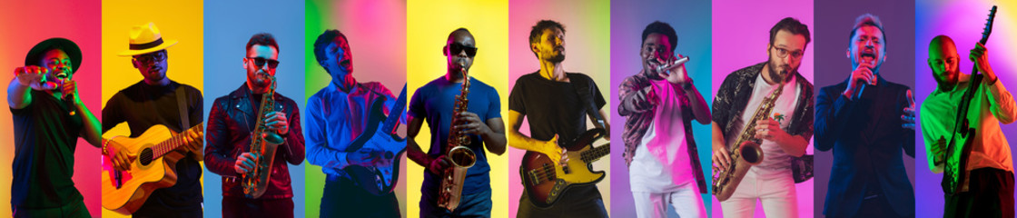Collage of portraits of 8 young emotional talented musicians on multicolored background in neon...