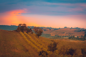 Beautiful sunset over the Tuscany hills and fields. Travel destination Tuscany