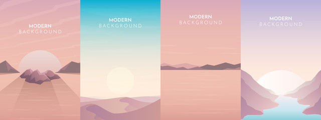 Abstract landscapes set, Vector banners set with polygonal illustration, Minimalist style, Flat design. Sunset, sunrise in the desert. Mountain landscape.