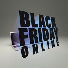 3D rendered concept illustration of Black Friday online text beaming out of a laptop screen
