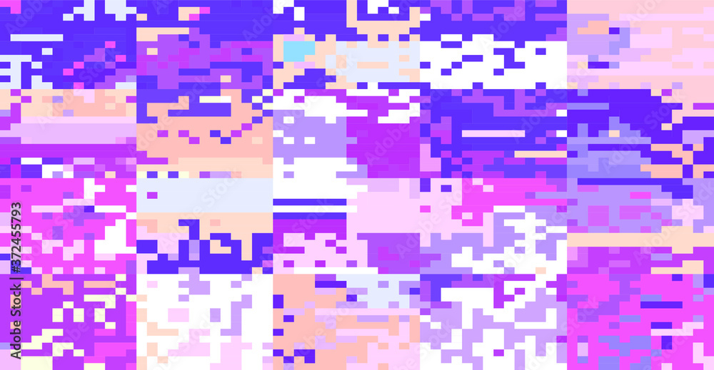 Poster Abstract pixelated background with flickers and datamoshing effect for programming and steganography subject. Vaporwave and cyberpunk style aesthetics.