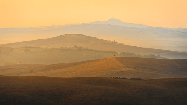 Beautiful sunrise over the Tuscany hills and fields. Travel destination Tuscany