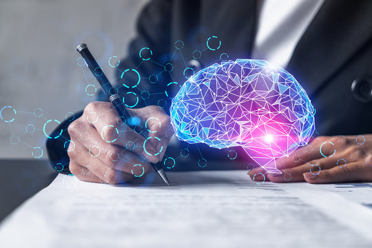 Woman signs agreement. Brain hologram. Double exposure . Ai concept.
