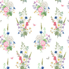 Beautiful seamless floral pattern with watercolor summer flowers. Stock illustration.