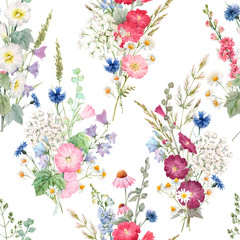 Beautiful seamless floral pattern with watercolor summer flowers. Stock illustration.