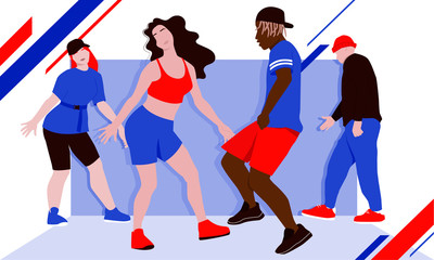 Four dancers rehearsing hip-hop dance or street dance style turfing, krump, jazz-funk choreography in dance class. Bright print-ready vector illustration. Hobby and leisure. 