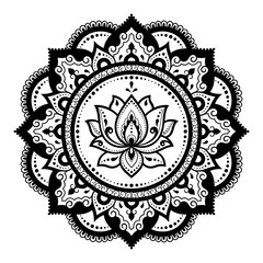 Circular pattern in form of mandala with lotus flower for Henna, Mehndi, tattoo, decoration. Decorative ornament in ethnic oriental style. Outline doodle hand draw vector illustration.