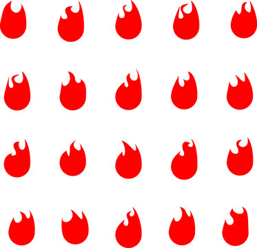 Full set of 20 unique shaped red flames. Vector desing. 