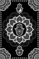 Set of Eastern ethnic religious symbols. Mandala, Hamsa, OM mantra, Yin Yang, Lotus flower. Decorative pattern for henna, mehndi, tattoos, room decoration. Outline doodle vector illustration.