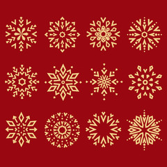 Snowflakes icon collection. Graphic modern gold and red ornament