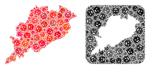 Flu virus map of Odisha State collage designed with rounded square and hole. Vector map of Odisha State collage of infection virus items in different sizes and shades.