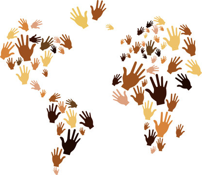 Illustration of different colored hands forming shape of the world. Vector image with transparent background.