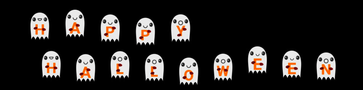 Cute Halloween ghosts holding letters "Happy Halloween". Easily printable decoration concept. Vector image and scalable. 