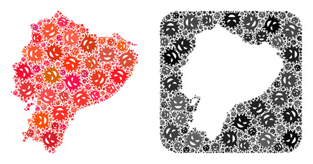 Pandemic virus map of Ecuador mosaic created with rounded square and subtracted shape. Vector map of Ecuador mosaic of virus ojects in various sizes and color tinges. Created for isolation posters.
