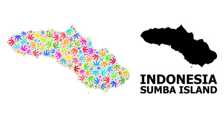 Vector Collage Map of Sumba Island of Psychedelic Hemp Leaves and Solid Map
