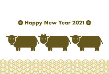 2021年丑年の年賀状イラスト: 牛アイコンと青海波文様