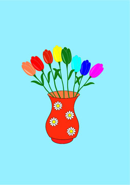 Vaso con tulipani multicolori arcobaleno simbolico per auguri biglietto su sfondo celeste