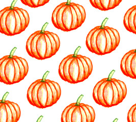 Orange pumpkins on white background as halloween watercolor pattern wallpaper  