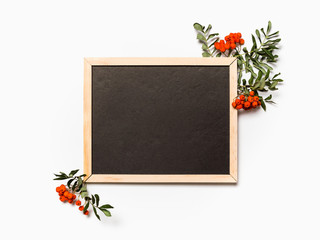 Autumn template with blank blackboard framed with rowan branches and berries on white background. Seasonal sale, fall discount deal or back to school concept with copy space for your text