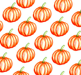 Orange pumpkins on white background as halloween watercolor pattern wallpaper  