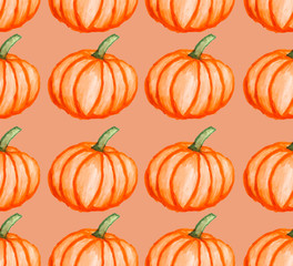 Orange pumpkins on orange background as halloween watercolor pattern wallpaper  
