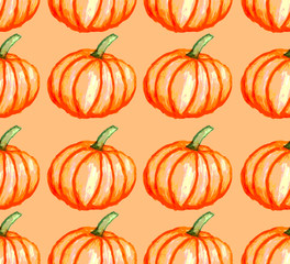 Orange pumpkins on orange background as halloween watercolor pattern wallpaper  