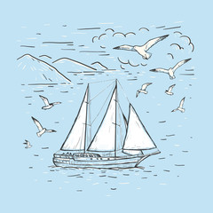Marine sketch hand drawn vector sailboat, clouds, seagulls. Vintage sailing yacht on the sea on a blue background. Design for t-shirt, pillow print.