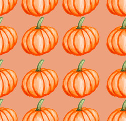 Orange pumpkins on orange background as halloween watercolor pattern wallpaper  