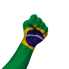 Hand making victory sign, brazil painted with flag as symbol of victory, resistance, fight, power, protest, success - isolated on white background