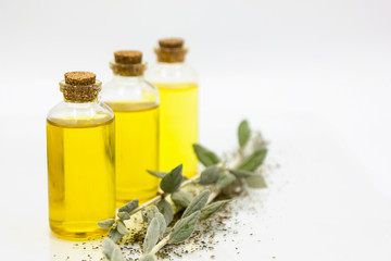 three small bottles with natural essential oil and herbs on a white background. Alternative eco medicine concept