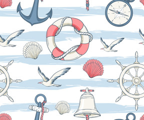 Seamless nautical pattern with seagulls, lifebuoys, anchors and seashells