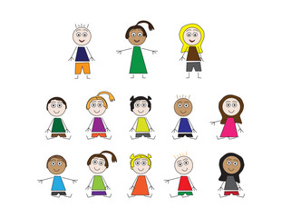 Set of vector kids standing and sitting, on White background